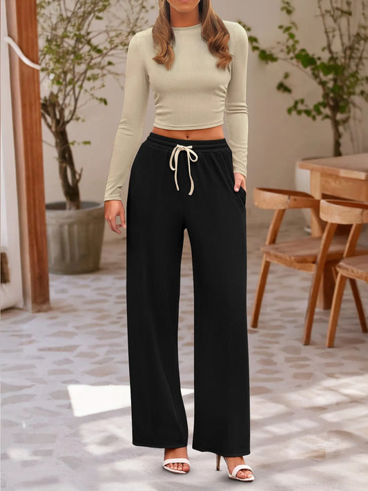 Round Neck Long Sleeve Top and Pants Set - Tigbul's Variety Fashion Shop