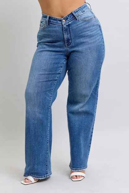 Judy Blue Full Size High Waist V-Front Vintage Wash Straight Jeans Plus Size - Tigbul's Variety Fashion Shop