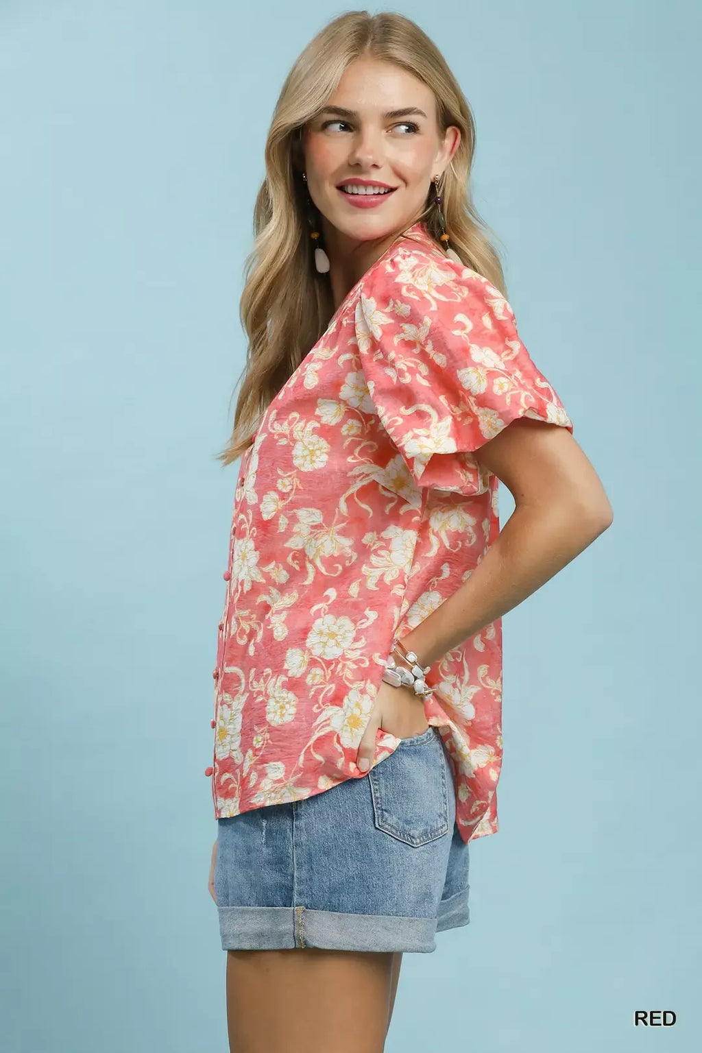 Red floral short-sleeve blouse with flutter sleeves and button front