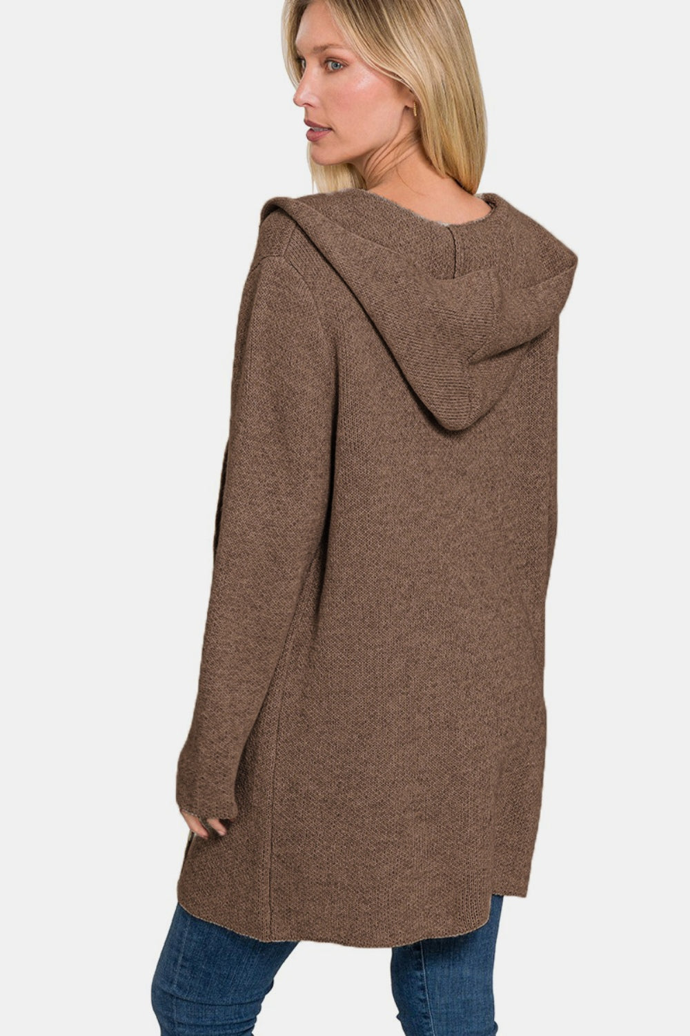 Brown Hooded Open Front Sweater Cardigan | Tigbuls