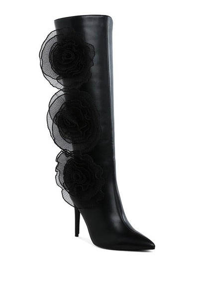 Chinkara Sheer Big Rose Detail Long 4" High Heel Boots - Tigbul's Variety Fashion Shop