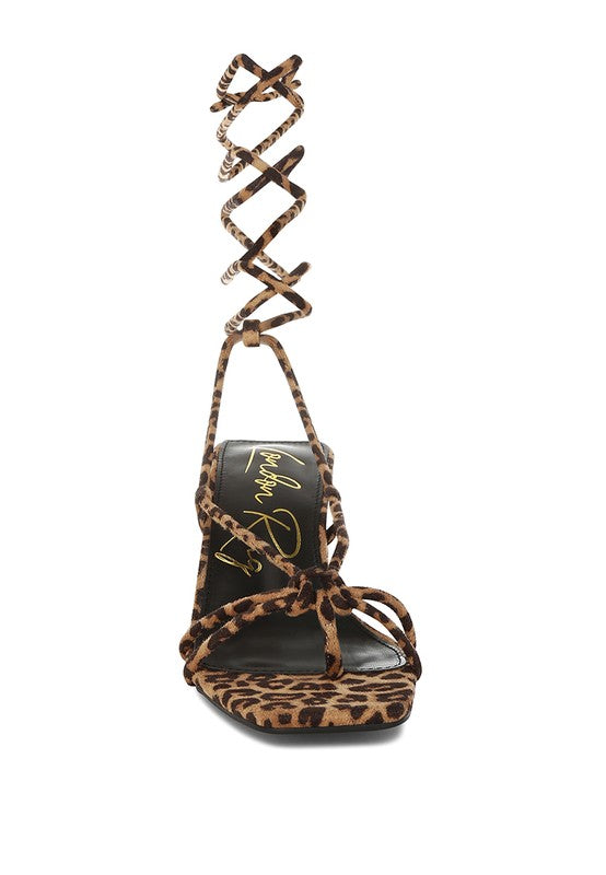 Leopard print square-toe heeled sandal, tie ankle straps, black heel and footbed