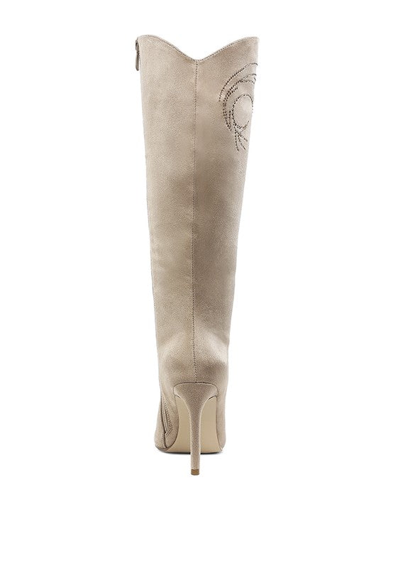 Beige calf boots angled view with rhinestone detail and slim stiletto heel