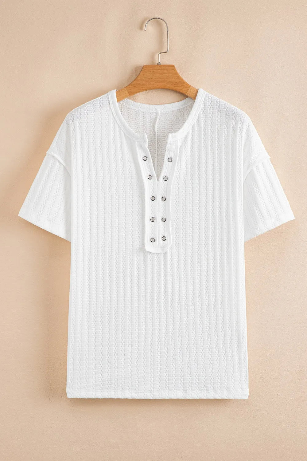 Textured Hollow Grommet Placket Split Neck Short Sleeve Top - Tigbul's Variety Fashion Shop
