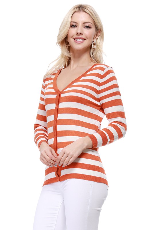 V Neck Striped Spandex Sweater Cardigan - Tigbul's Variety Fashion Shop