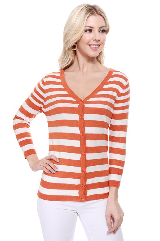 V Neck Striped Spandex Sweater Cardigan - Tigbul's Variety Fashion Shop