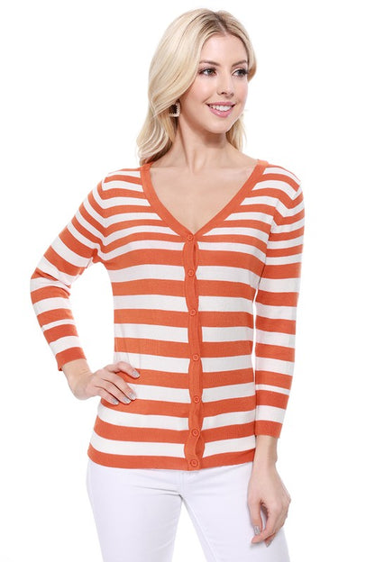 V Neck Striped Spandex Sweater Cardigan - Tigbul's Variety Fashion Shop