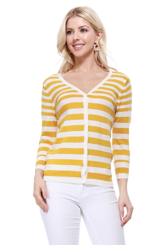 V Neck Striped Spandex Sweater Cardigan - Tigbul's Variety Fashion Shop