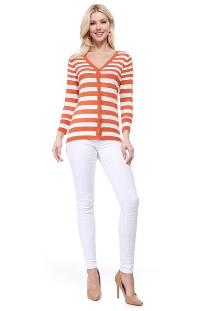V Neck Striped Spandex Sweater Cardigan - Tigbul's Variety Fashion Shop