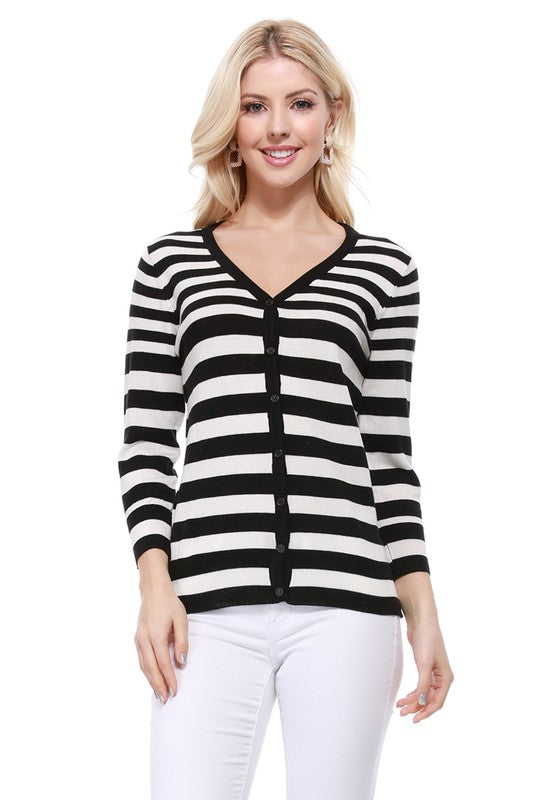V Neck Striped Spandex Sweater Cardigan - Tigbul's Variety Fashion Shop