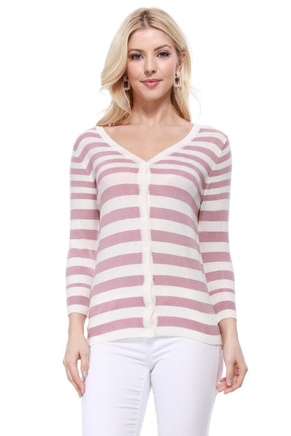 V Neck Striped Spandex Sweater Cardigan - Tigbul's Variety Fashion Shop