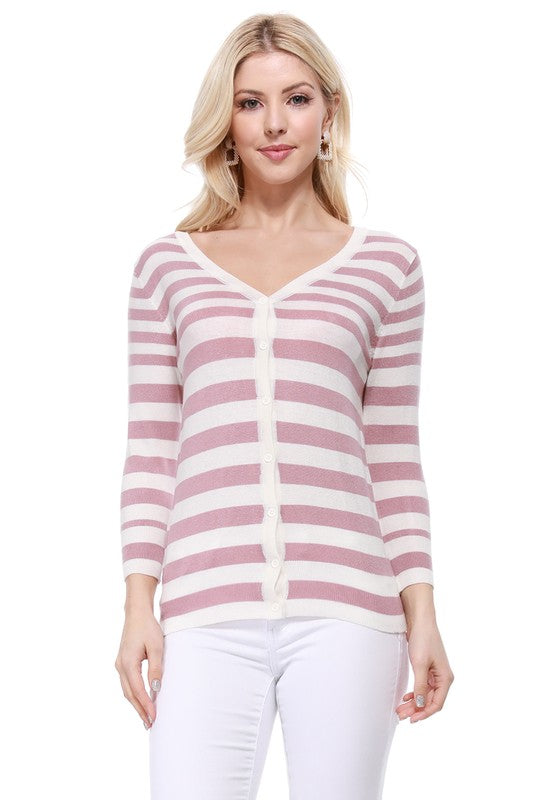 V Neck Striped Spandex Sweater Cardigan - Tigbul's Variety Fashion Shop