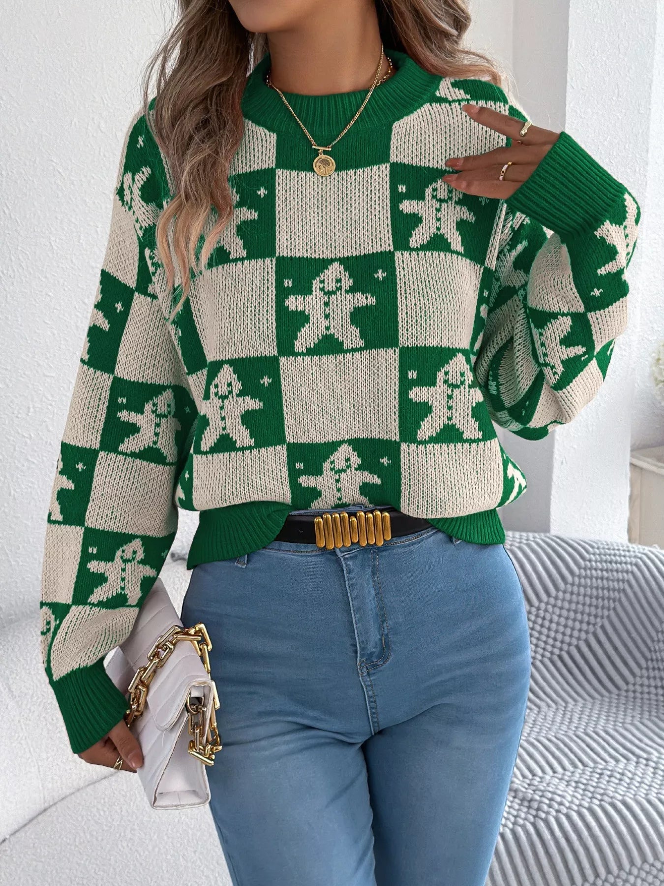Christmas Checkerboard Gingerbread Round Neck Sweater - Tigbul's Variety Fashion Shop