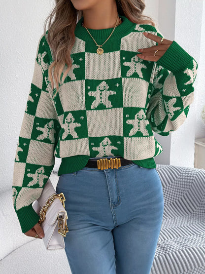 Christmas Checkerboard Gingerbread Round Neck Sweater - Tigbul's Variety Fashion Shop