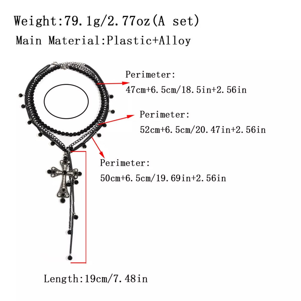 Black pearl cross pendant necklace set size diagram showing length and perimeter measurements