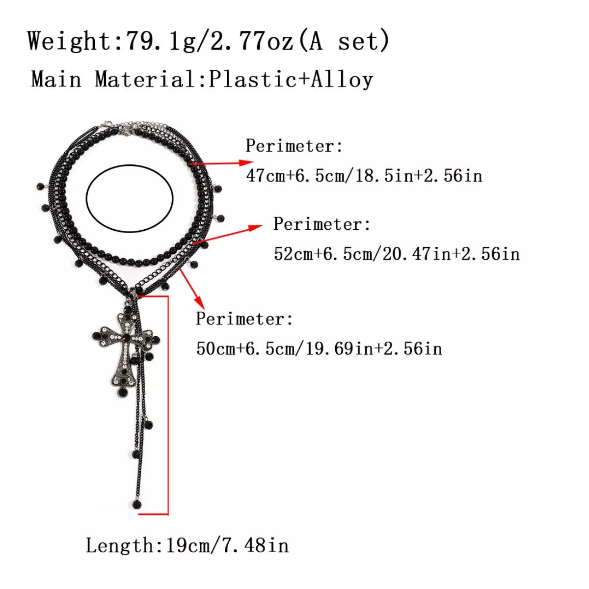 Black pearl cross pendant necklace set size diagram showing length and perimeter measurements