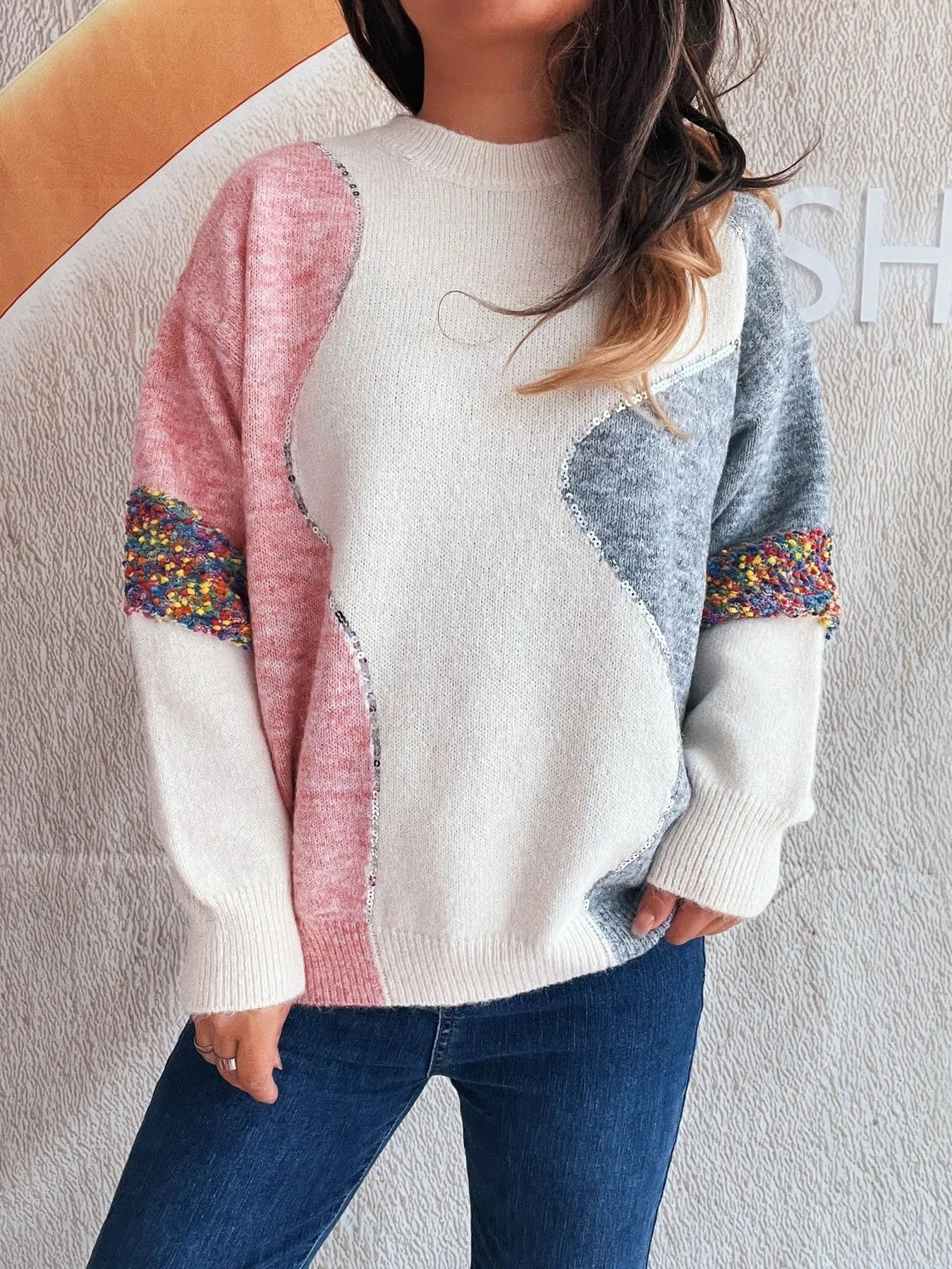 Color Block Dropped Shoulder Sweater - Tigbul's Variety Fashion Shop