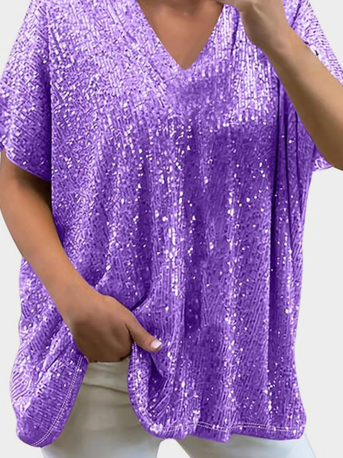 Sequin V-Neck Short Sleeve Top Blouse, Small to 3XL - Tigbul's Variety Fashion Shop