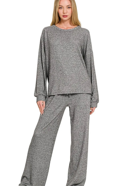 Zenana Soft Melange Hacci Long Slv Tee & Pants Set - Tigbul's Variety Fashion Shop