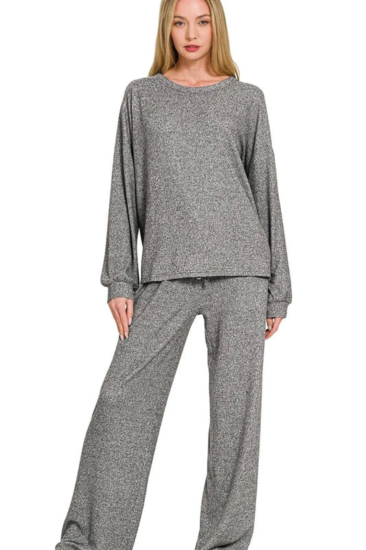 Zenana Soft Melange Hacci Long Slv Tee & Pants Set - Tigbul's Variety Fashion Shop