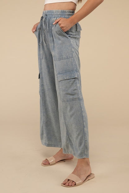 Washed Linen Elastic Band Waist Cargo Pants - Tigbul's Variety Fashion Shop