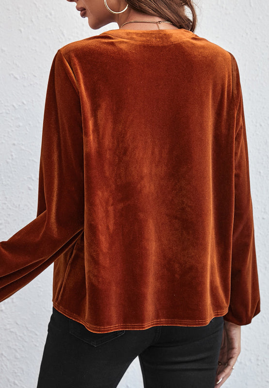 Notched Long Sleeve Velvet Top