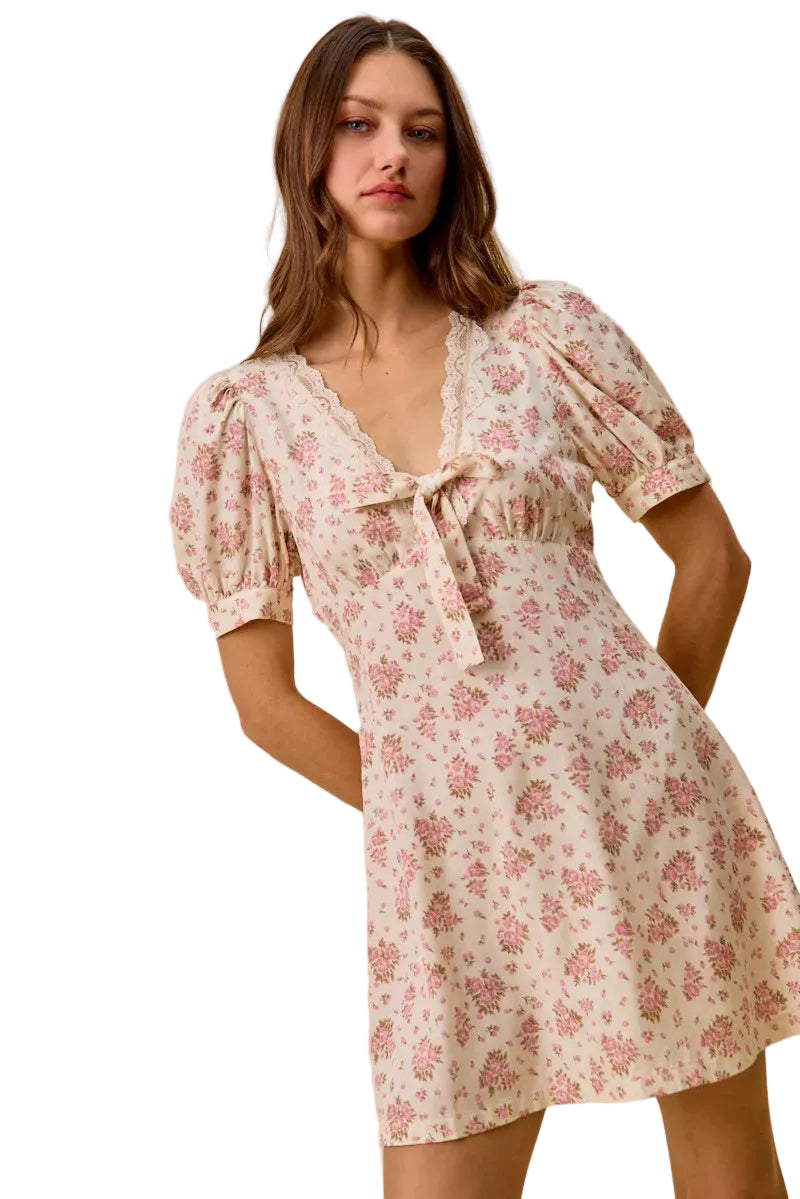 Cream mini dress with floral print, lace-trim V-neck and short puff sleeves