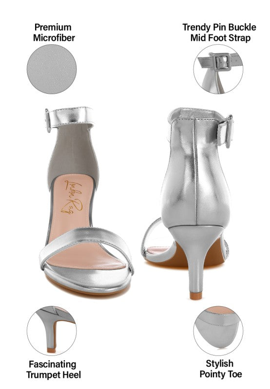 Silver kitten heel sandals with pin-buckle mid-foot strap and pointed toe