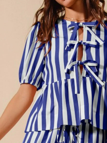 Front Tie Stripe Puff Sleeves Top and Wide Leg Pants Set - Tigbul's Variety Fashion Shop