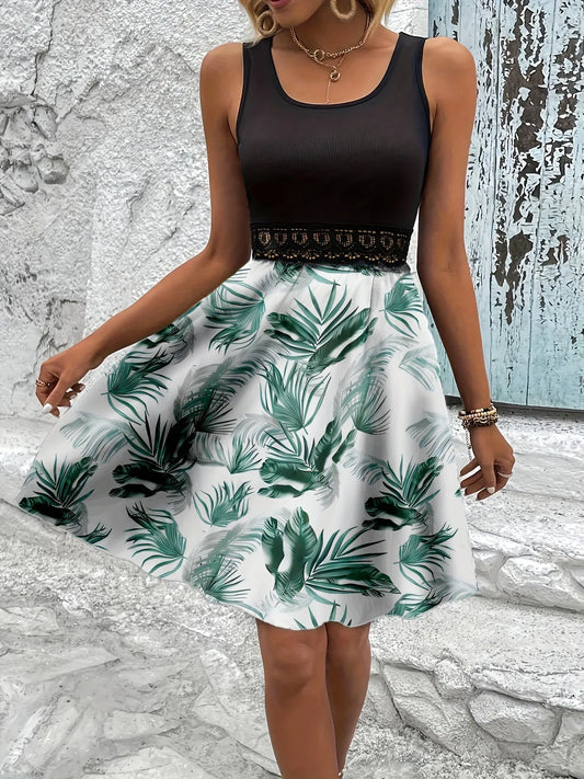Tropical Print Sleeveless Summer Dress with Lace Waist Detail - Tigbul's Variety Fashion Shop