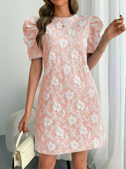 Round Neck Puff Short Sleeve Mini Dress - Tigbul's Variety Fashion Shop