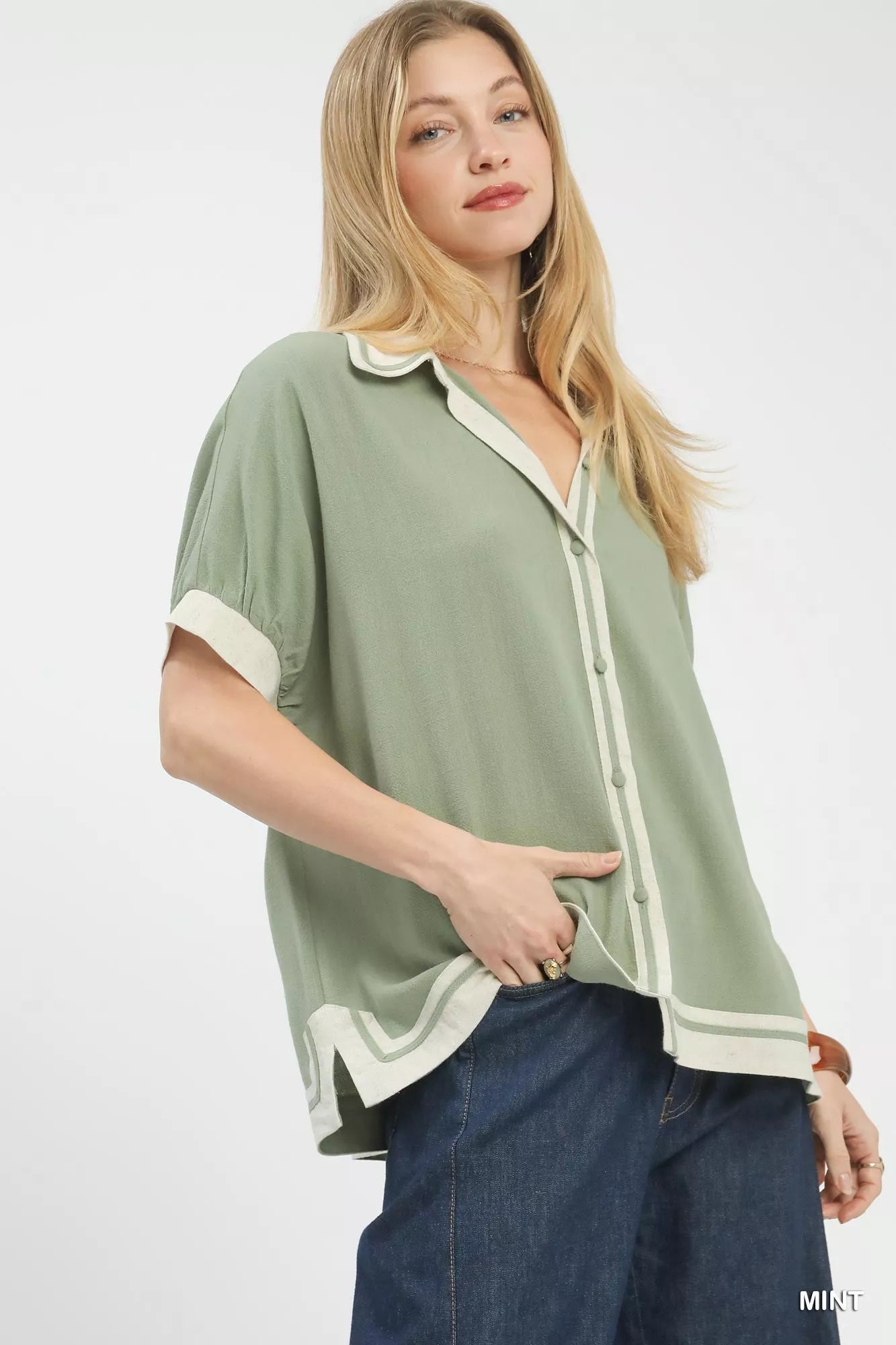 Linen Button Front Top with Contrast Piping - Tigbul's Variety Fashion Shop