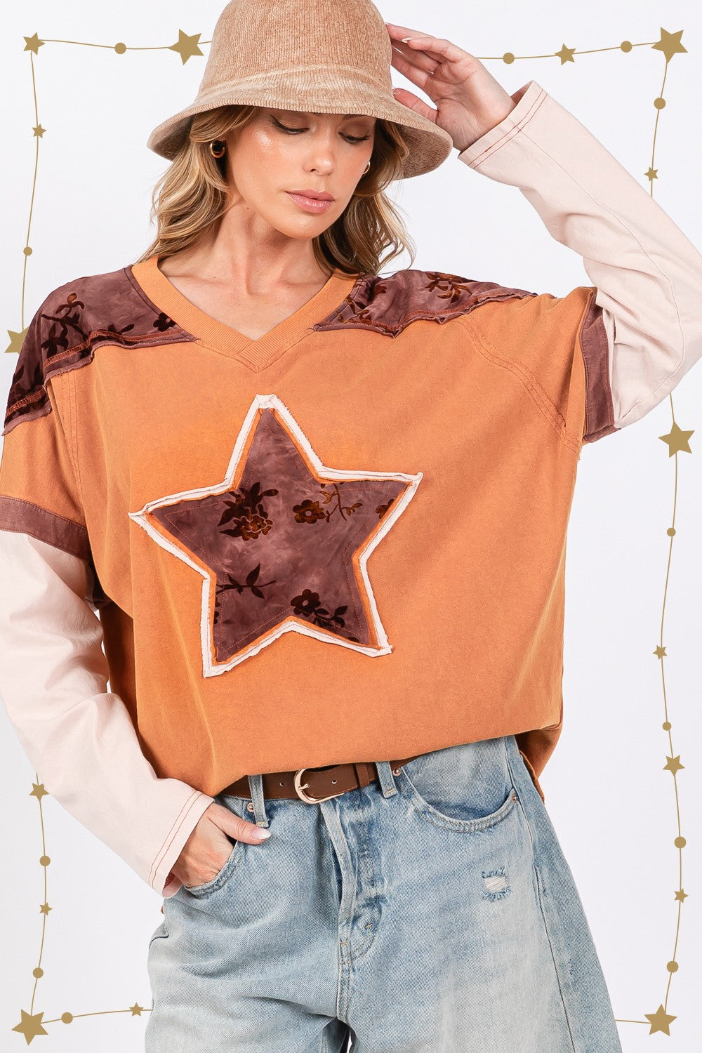 SAGE + FIG Star Patch Long Sleeve Color Block T-Shirt - Tigbul's Variety Fashion Shop