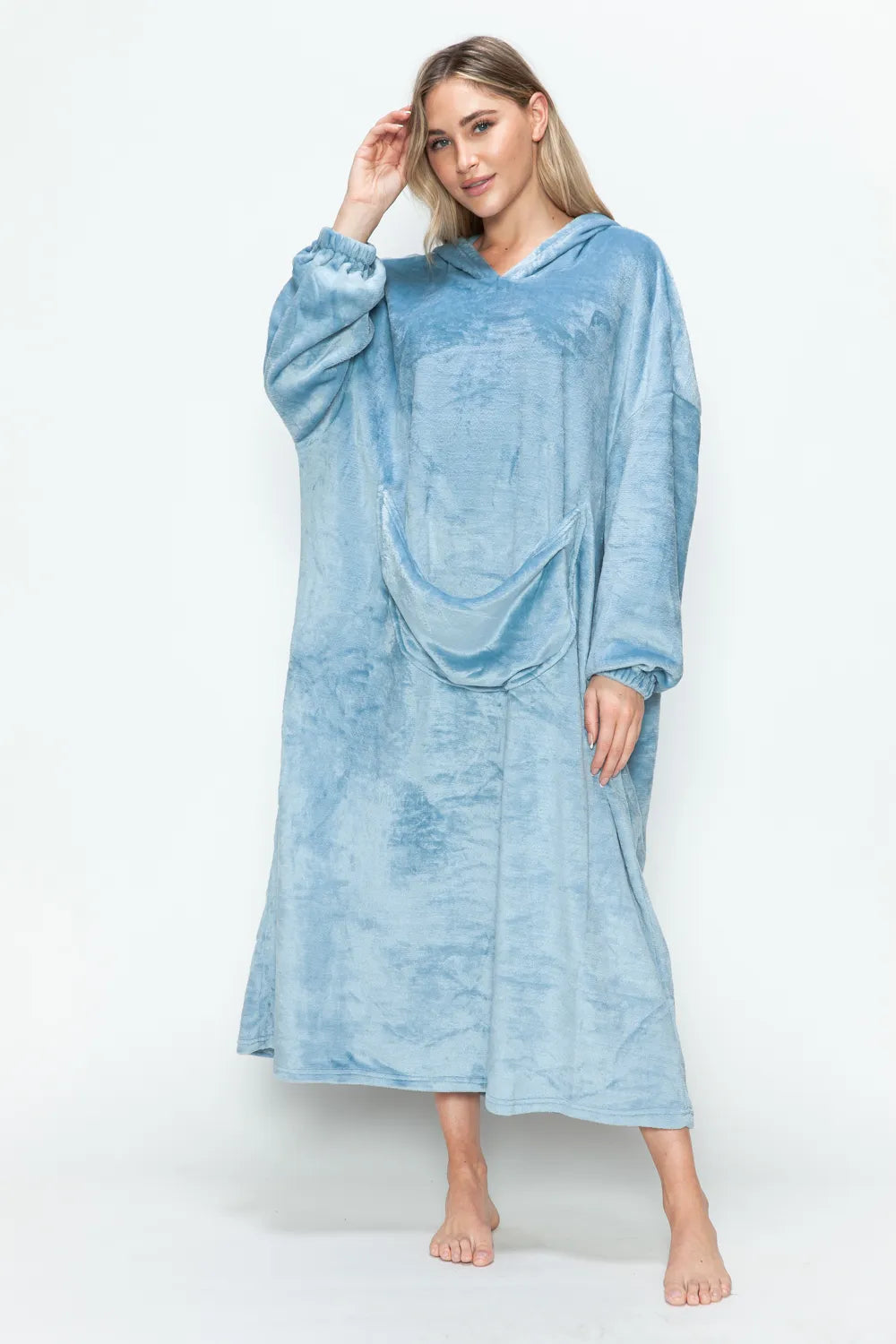 Pastel Blue pocketed hooded midi lounge dress with long sleeves and front pocket