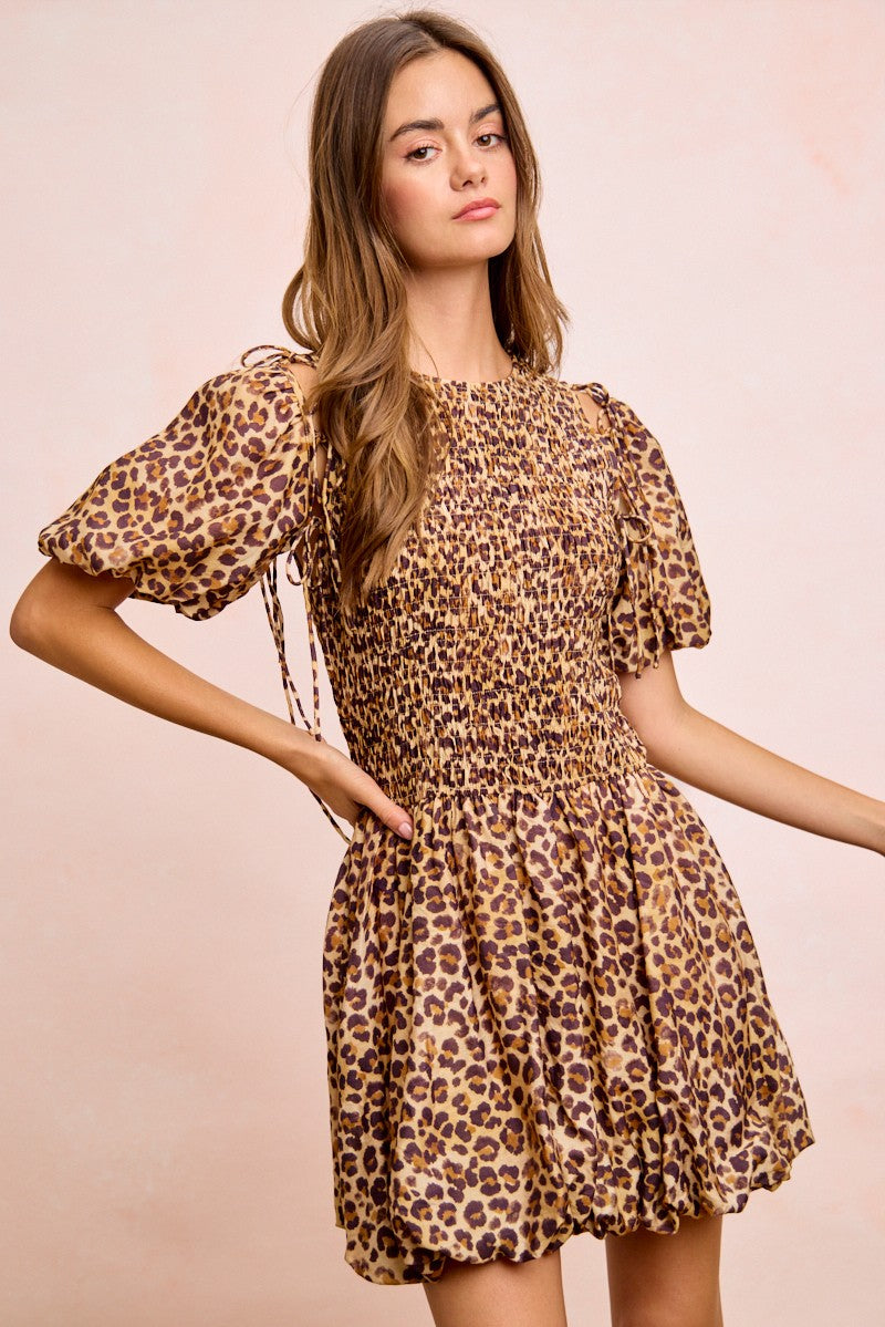 Leopard print short dress with puff sleeves and gathered tiered skirt