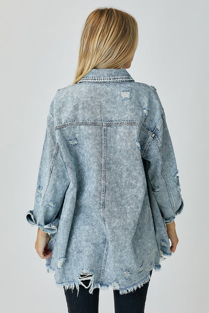 RISEN Distressed Raw Hem Denim Shirt - Tigbul's Variety Fashion Shop