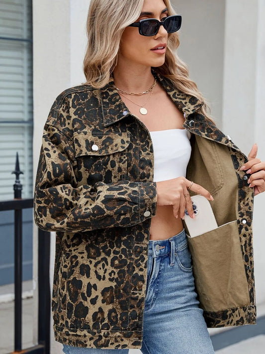 Leopard Print Oversized Denim Jacket - Tigbul's Variety Fashion Shop