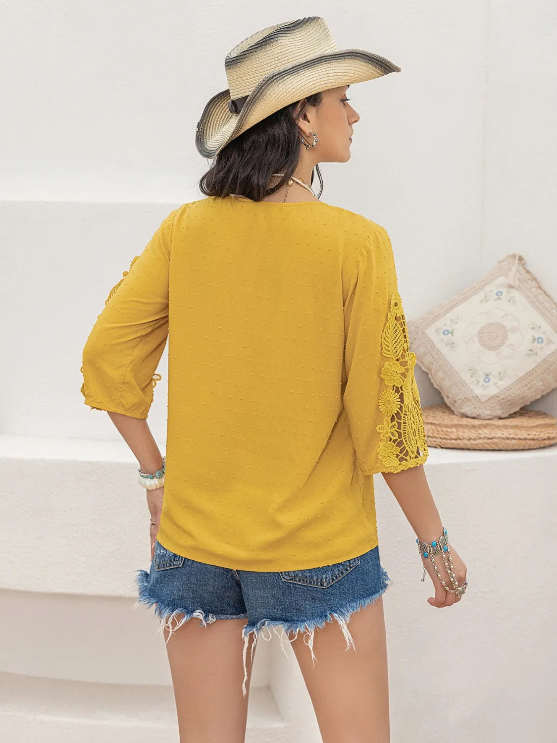 Yellow V-Neck Lace Three-Quarter Sleeve Top - Tigbul's Variety Fashion Shop