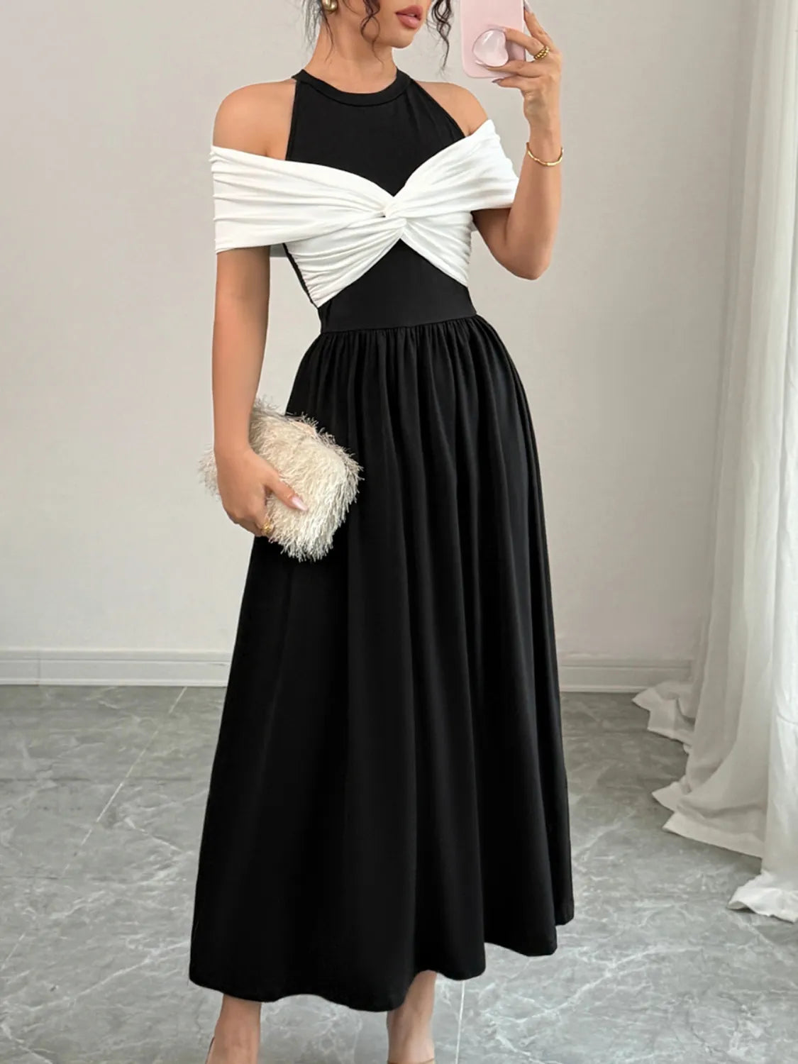 Twisted Contrast Cold Shoulder Midi Dress - Tigbul's Variety Fashion Shop