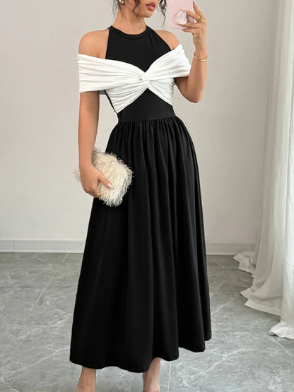 Twisted Contrast Cold Shoulder Midi Dress - Tigbul's Variety Fashion Shop