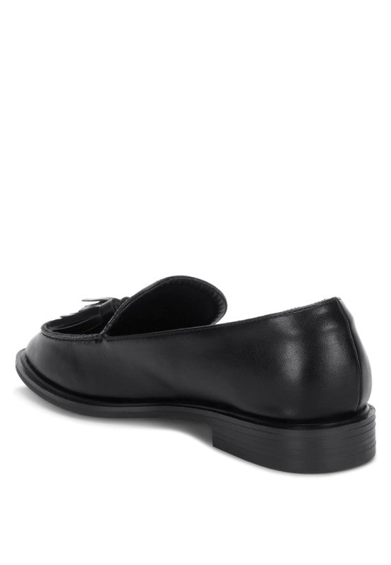 Black tassel detail loafer showing back and low stacked block heel