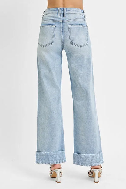 RISEN Full Size Tummy Control High Rise Ankle Wide Cuffed Jeans Plus Size - Tigbul's Variety Fashion Shop