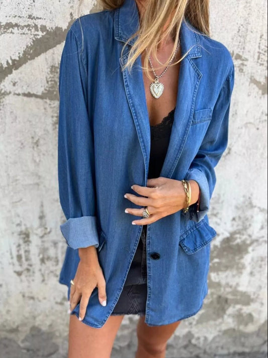 Full Size Button Down Denim Blazer Plus Size - Tigbul's Variety Fashion Shop
