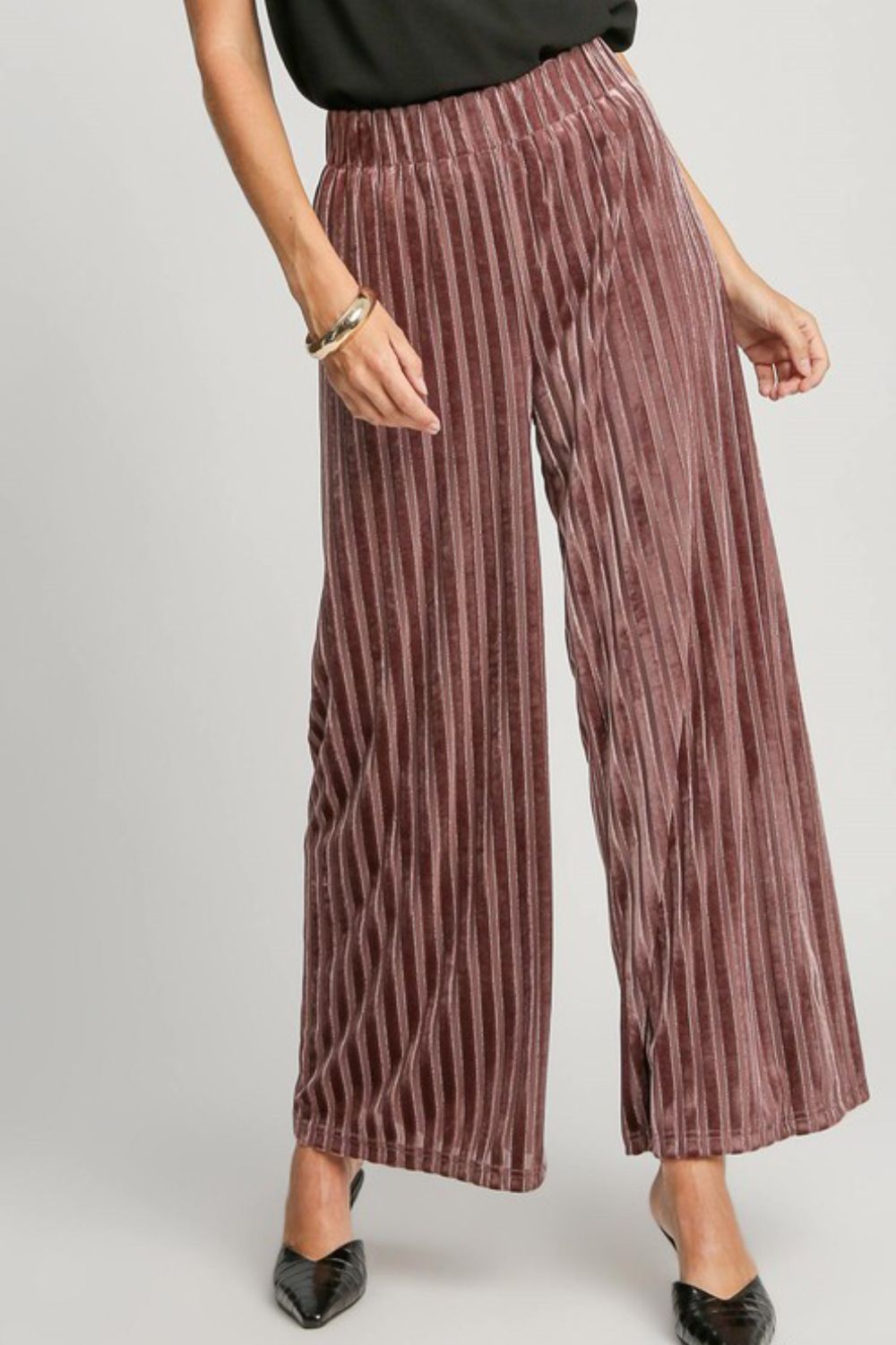 Umgee Full Size Elastic Waist Striped Wide Leg Velvet Pants - Tigbul's Variety Fashion Shop