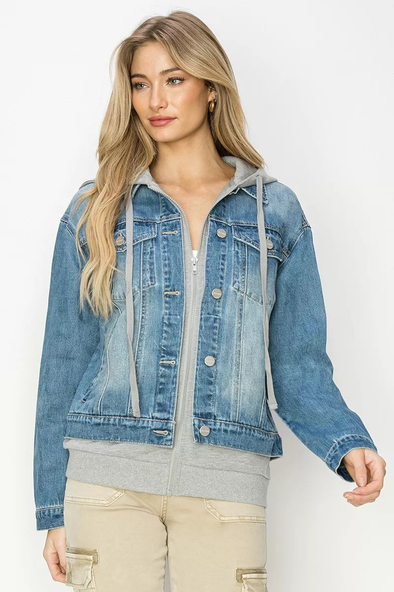 Trendsi oversized denim hoodie jacket with drawstring hood and chest patch pockets