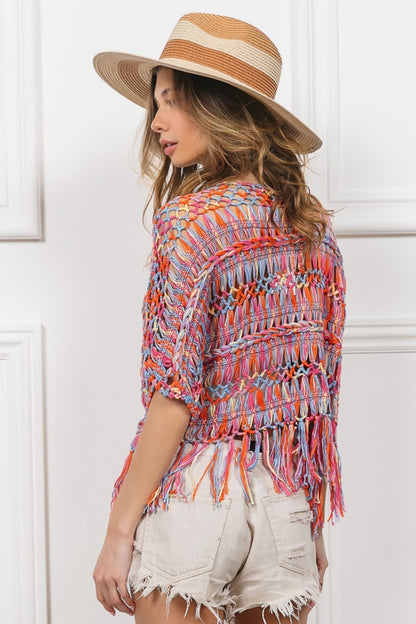 BiBi Open Front Fringed Crop Knit Cardigan - Tigbul's Variety Fashion Shop