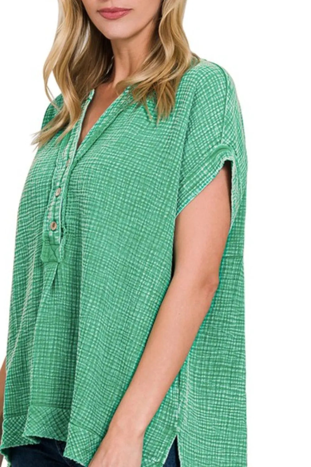 Zenana Washed Double Gauze 3/4 Button Henley Neck Shirt - Tigbul's Variety Fashion Shop