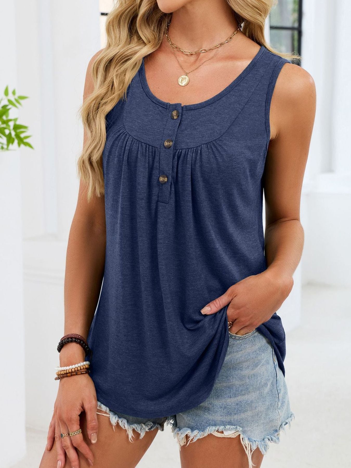 Blue button-detail round neck tank, sleeveless with gathered yoke at chest