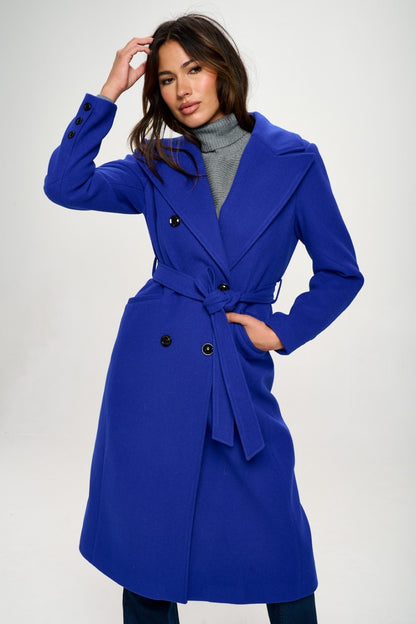 Royal Blue Double-Breasted Longline Coat with Belt - Tigbul's Variety Fashion Shop