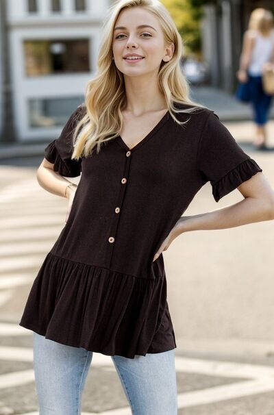Black Ruffled V-Neck Short Sleeve Blouse - Tigbul's Variety Fashion Shop